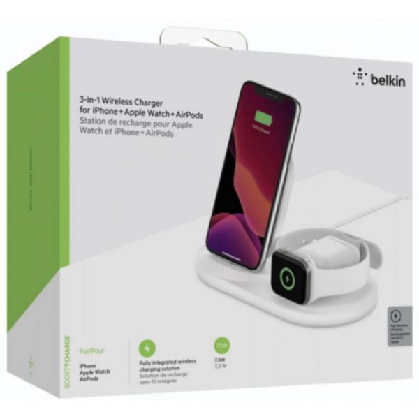 Зарядний пристрій Belkin 3-in-1 Wireless Pad/Stand/Apple Watch White (WIZ001VFWH)