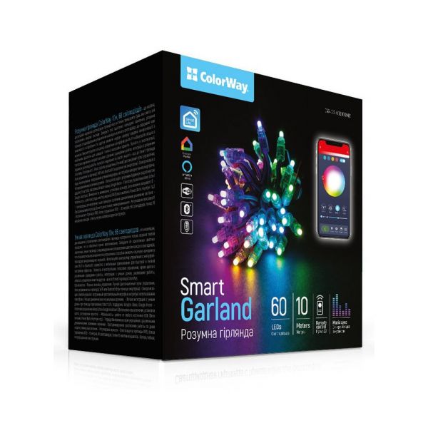 Гирлянда ColorWay Smart LED RGB WiFi+Bluetooth 10M 60LED IP65 (CW-GS-60L10UMC)
