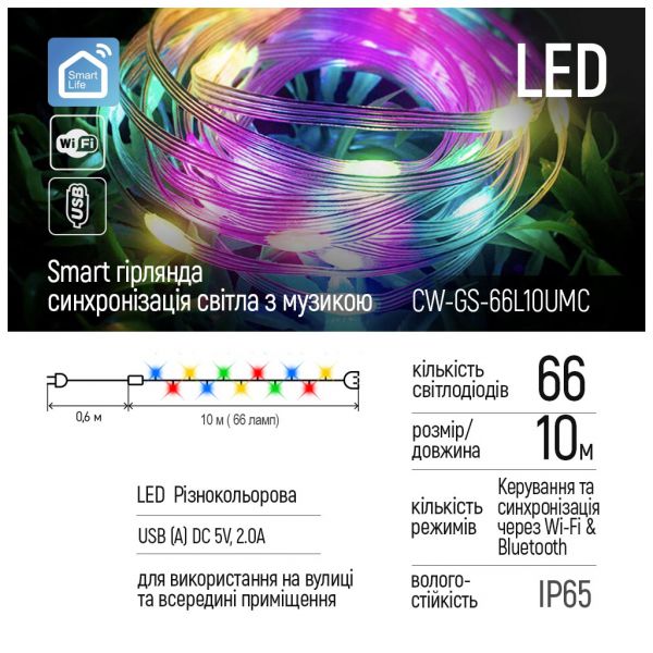 Гирлянда ColorWay Smart LED RGB WiFi+Bluetooth 10M 66LED IP65 (CW-GS-66L10UMC)