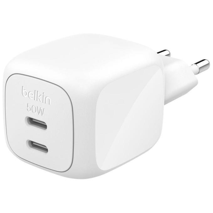 Зарядний пристрій Belkin 2xUSB-C PD50W GaN PPS White (WCH019KQWH)